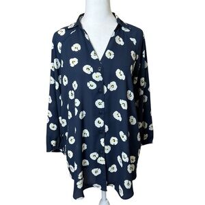 CAbi‎ Go To Button Up Top Small Navy Blue White Floral Collar Office Lightweight